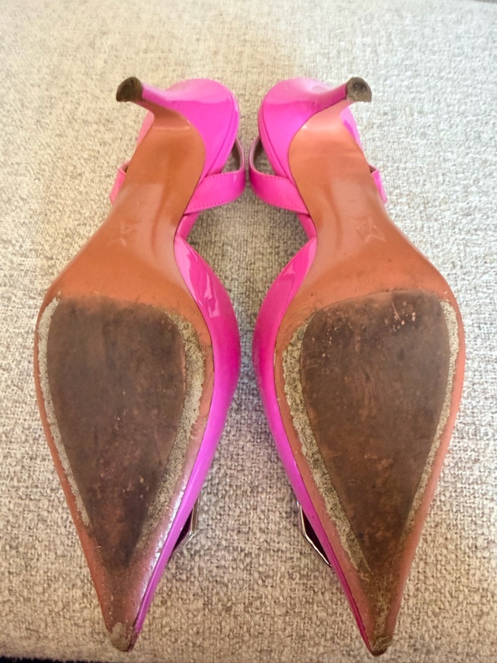 Amina Muaddi Hot Pink Patent Slingback Pumps with Crystal Octagon - Picture 5 of 6